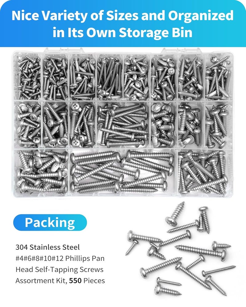 DIVANC 550Pcs 304 Stainless Steel Wood Screws Assortment Kit, Phillips Pan Head Sheet Metal Screw Self Tapping Screws Set, #4#6#8#10#12 Wood Assorted Screws, Length 1/4" to 1-1/2" (Pan Head 550PCS) - Image 5